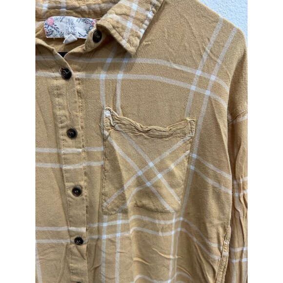 Pink Rose Vintage Plaid Medium Button Down Shirt Mustard Yellow Cropped - Picture 4 of 11